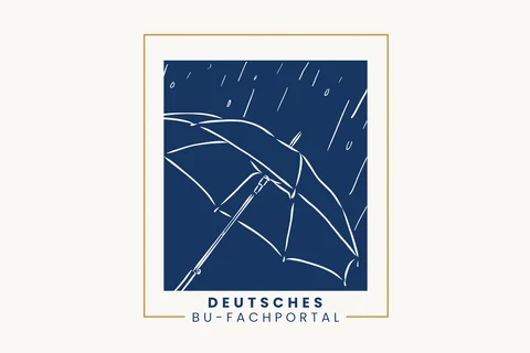 Logo des Deutschen BU-Fachportals: Regenschirm-Motiv in Marineblau mit goldenem Rahmen und Schriftzug, auf hellem Hintergrund